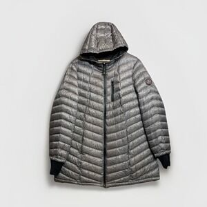 HFX Performance Puffer Jacket Women 1X Grey Down Fill Hooded Parka Coat Packable